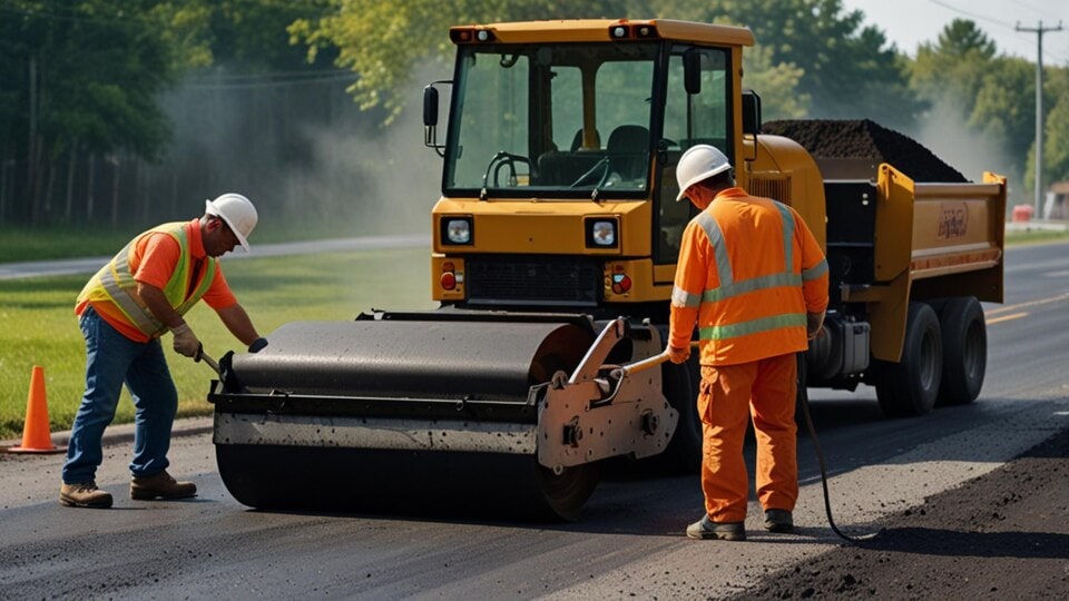 freepicdownloader.com group construction workers operating asphalt paver spreading fresh asphalt highway large